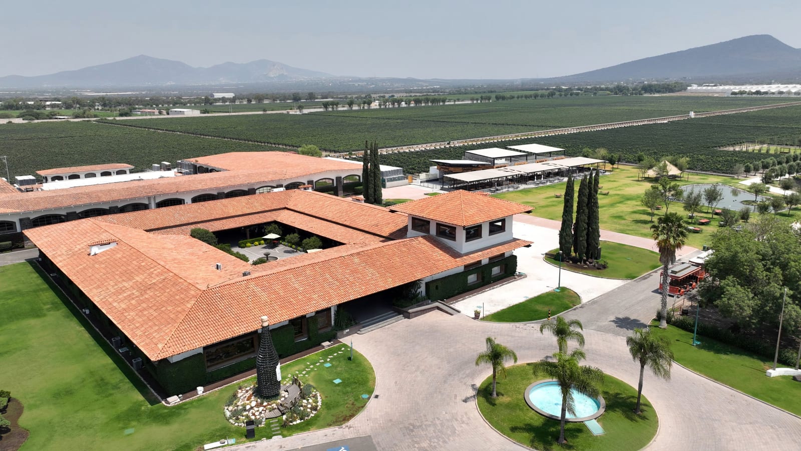 Vista aérea de los edificios de teja de Sala Vivé, con el viñedo y la sierra al fondo, en Ezequiel Montes