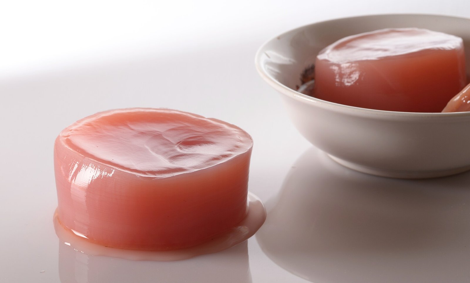 Cultivo de kombucha de color rosado sobre una superficie blanca y otro dentro de un tazón