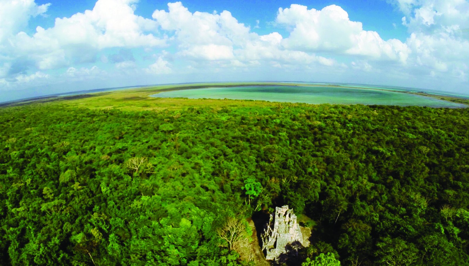 Vista aérea de la selva de la Reserva de la Biosfera Sian Ka'an, con la laguna al fondo y un templo maya de Muyil entre los árboles