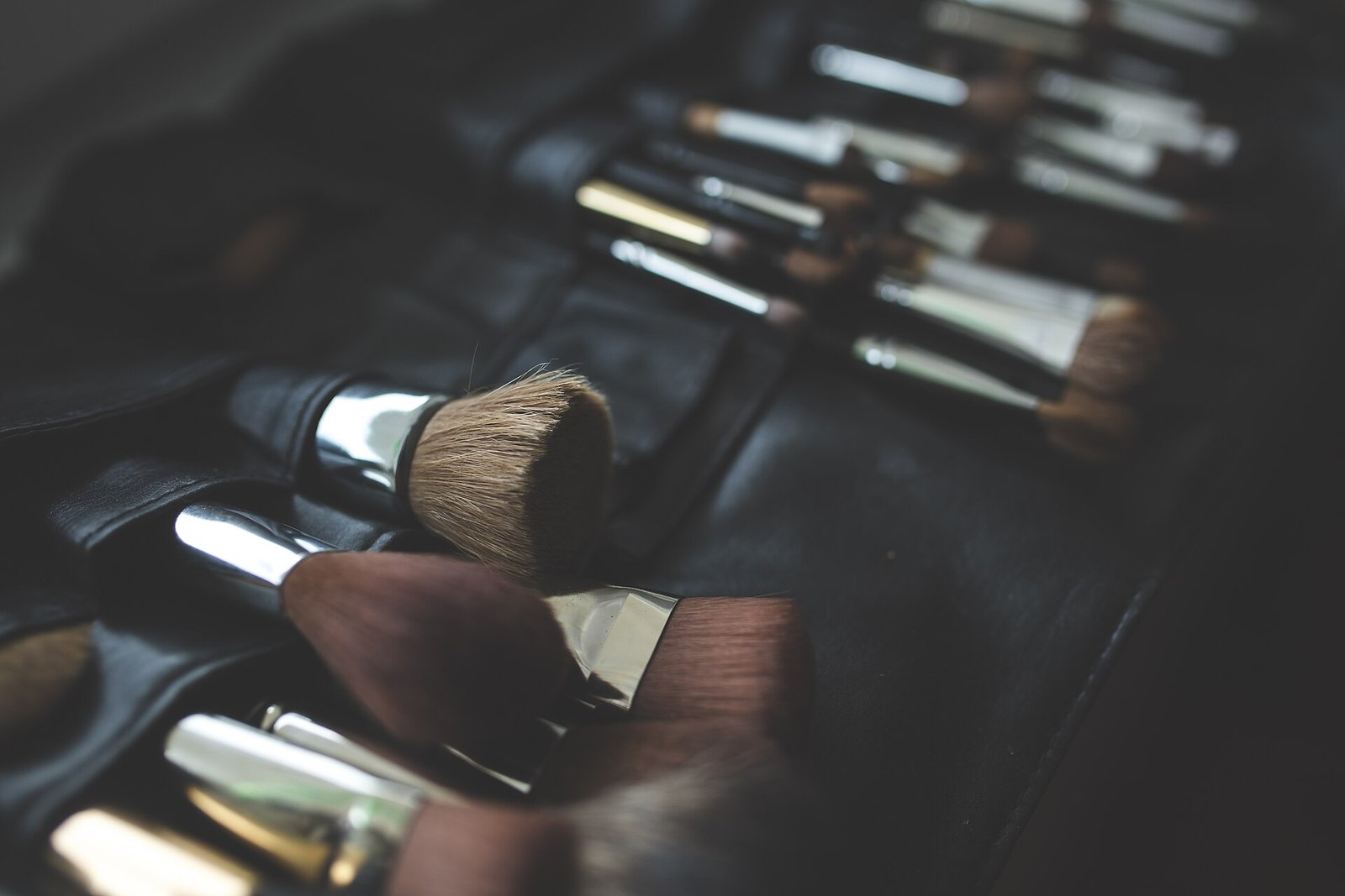 Brochas de maquillaje acomodadas en un estuche de piel negro
