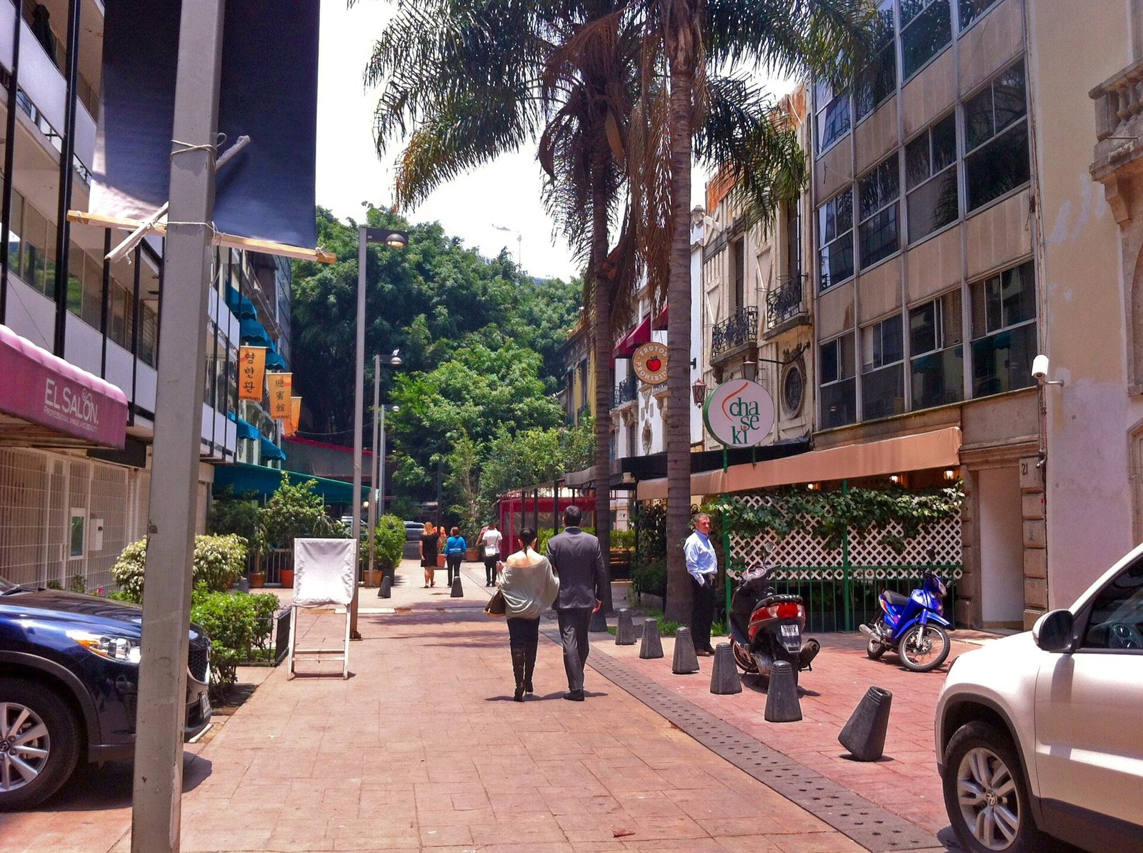 Calle semipeatonal de Copenhague, con palmeras y fachadas comerciales, en la colonia Juárez de la Ciudad de México