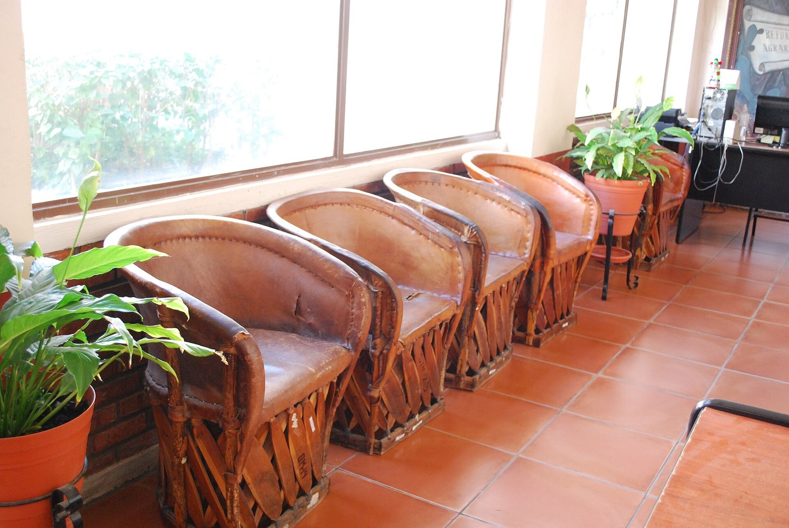 Fila de equipales de madera y piel en un pasillo del palacio municipal de Zacoalco de Torres