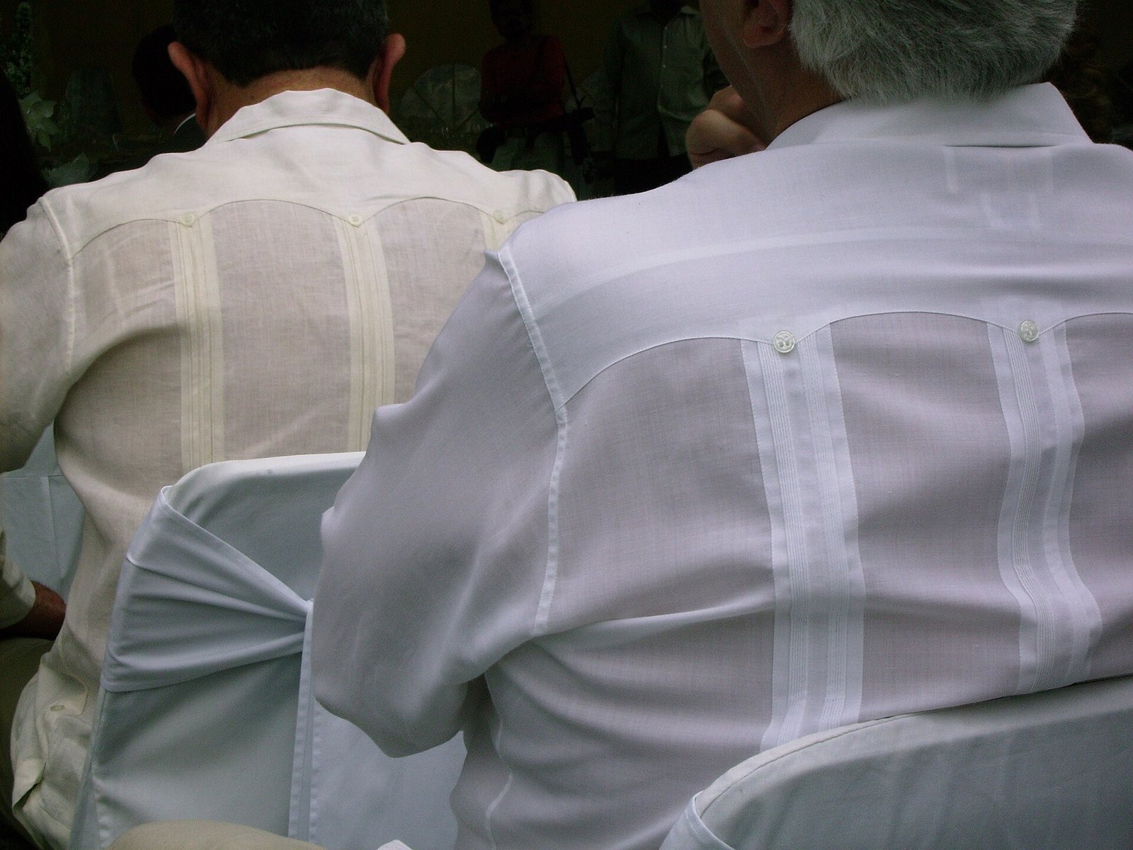 Dos hombres de espaldas con guayaberas blancas de pliegues verticales