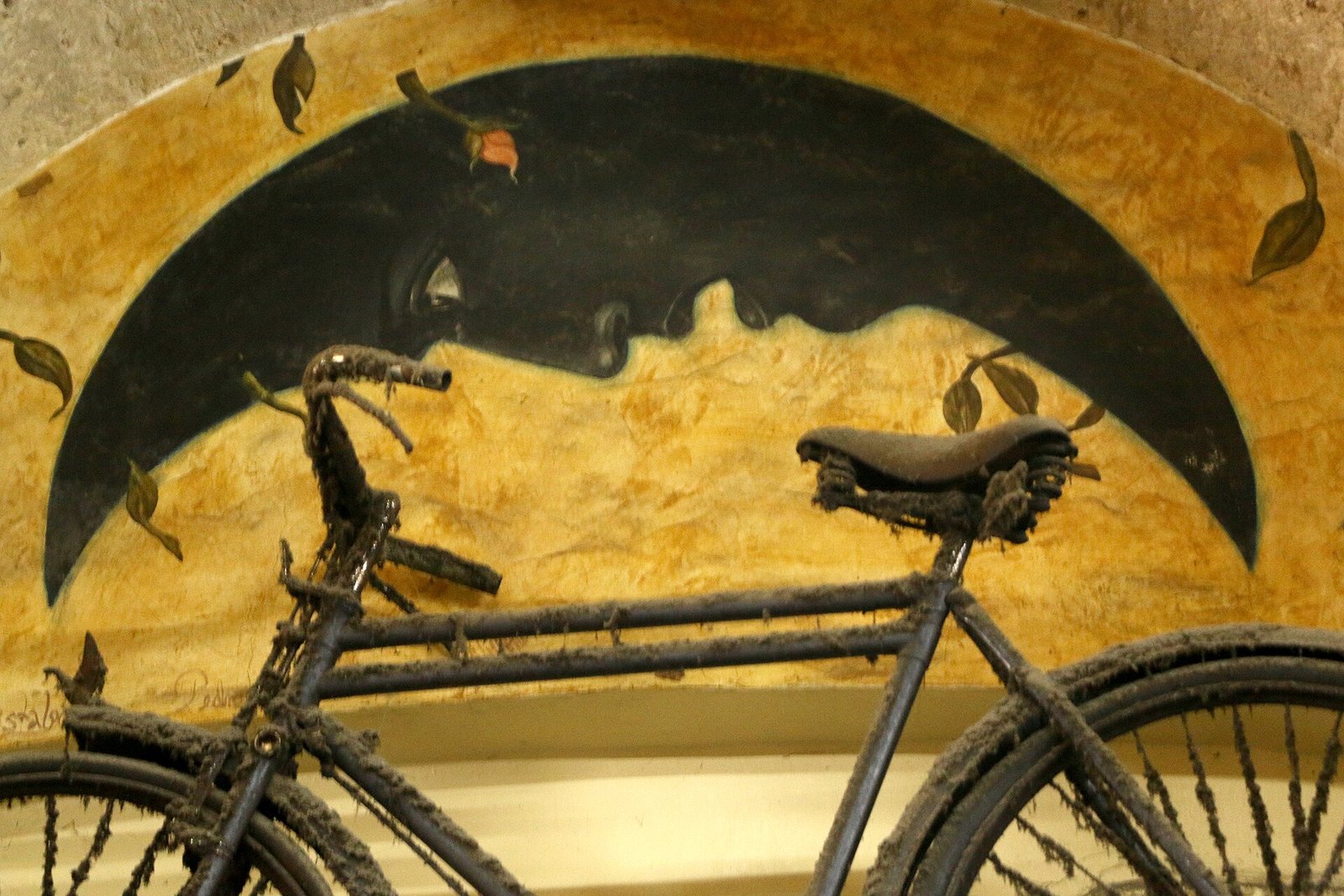 La bicicleta antigua cubierta de polvo en el nicho sobre la barra de la cantina La Fuente, en Guadalajara