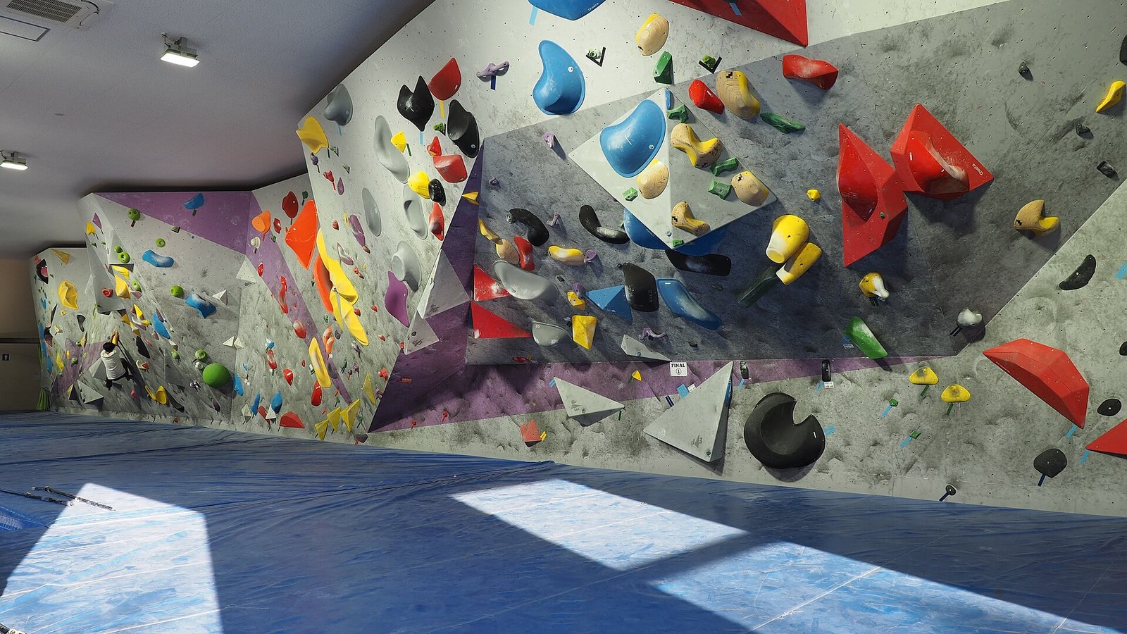 Muro de búlder con presas de colores sobre colchonetas azules en un gimnasio de escalada bajo techo