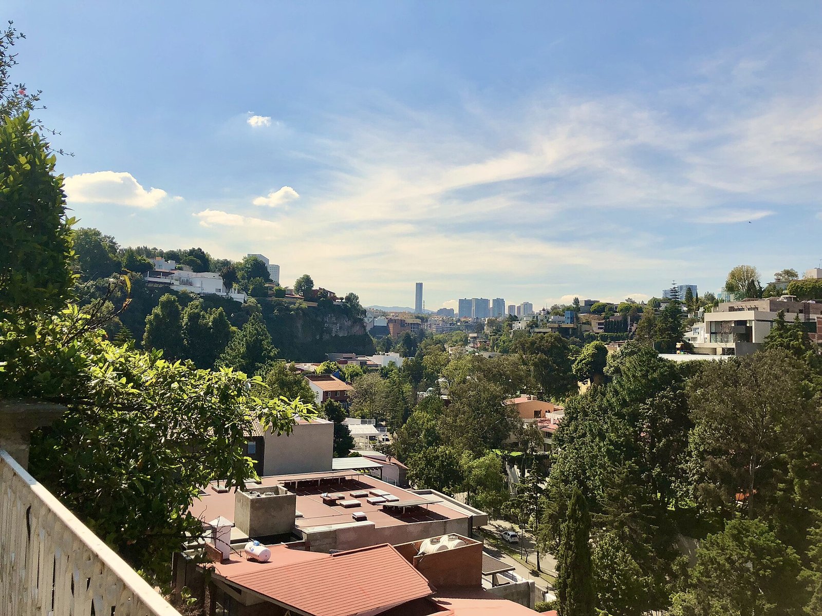 Vista de casas, árboles y torres de oficinas en Bosques de las Lomas, Ciudad de México