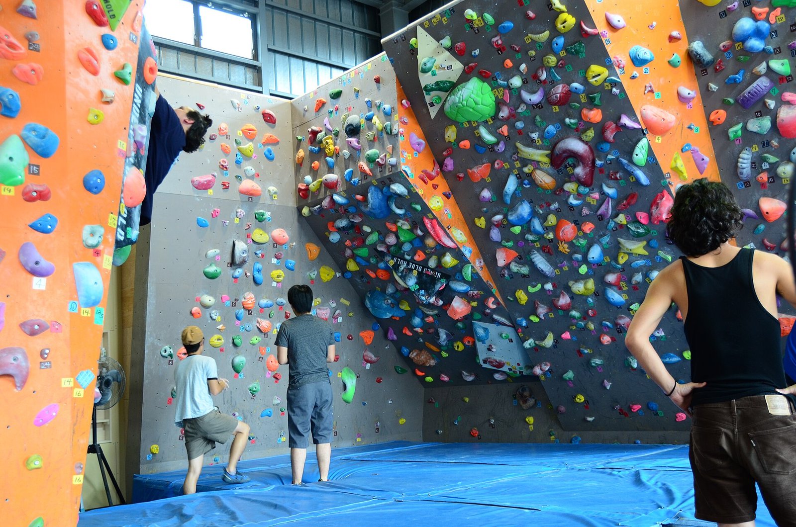 Muro de boulder con presas de colores en un gimnasio de escalada bajo techo, con varias personas observando desde el colchón