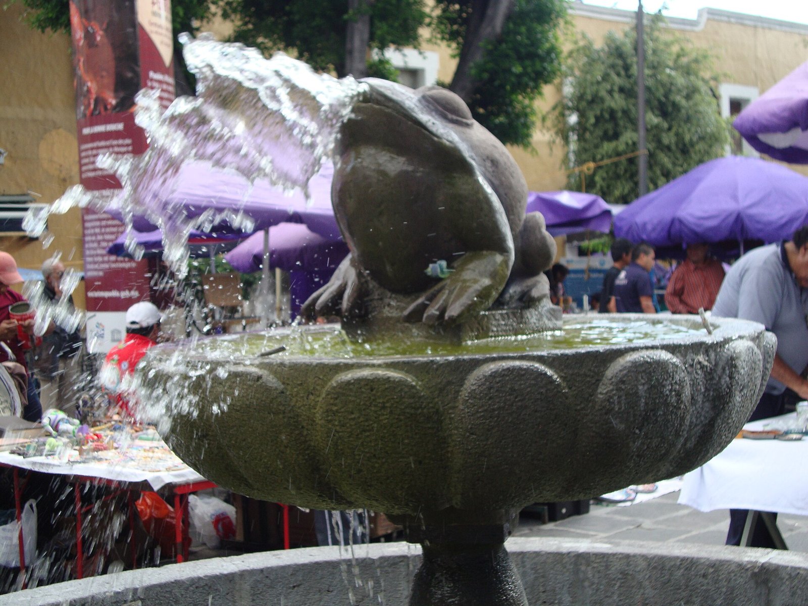Fuente de piedra con una rana que arroja agua en el Barrio de los Sapos, en el Centro Histórico de Puebla